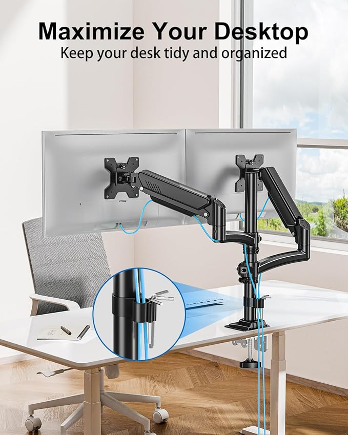 Dual Monitor Stand for Computer Screen up to 32", Taller Monitor Arms Holds 22 lbs Each, Dual Monitor Desk Mount, Height Adjustable Gas Spring VESA Mount with C-clamp Grommet Mounting, Black, Freelift