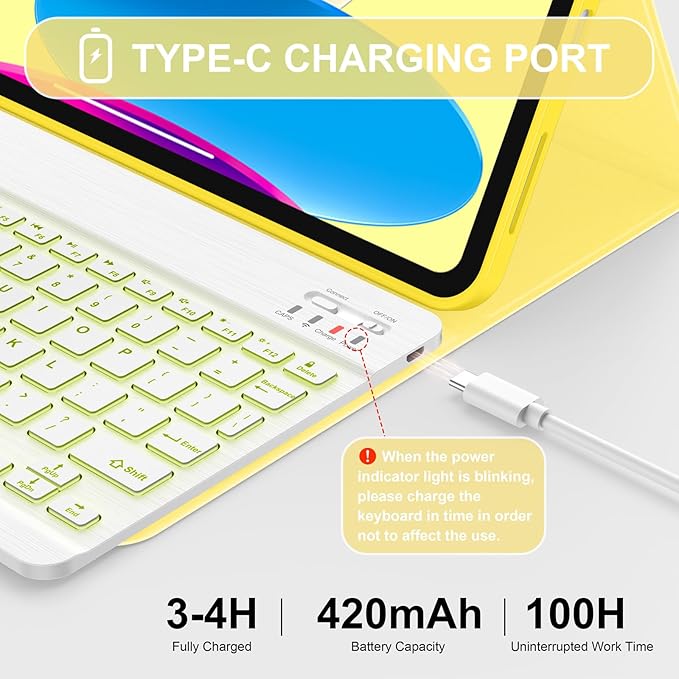 Soke for iPad (A16) 11th/10th Generation Case with Keyboard(2025/2022)-7 Color Backlight Wireless Detachable Folio Keyboard Cover with Built-in Pencil Holder for iPad 11/10.9 inch, Yellow Marble