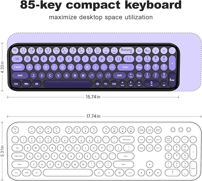 MOFII Wireless Keyboard and Mouse Combo, Compact Typewriter Retro Round Computer Keyboard and Mouse Set, Plug and Play, for Windows, Computer, Desktop, PC, Notebook - (Black Purple Gradient)
