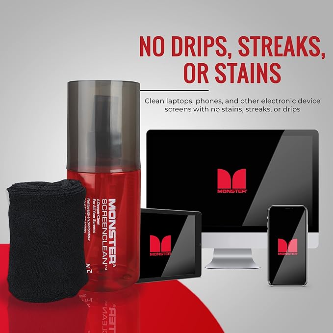 Monster Screen Cleaner Kit, 60 mL, Microfiber Cloth, for HDTVs, Tablets, Laptops, Smartphones, Eyeglasses