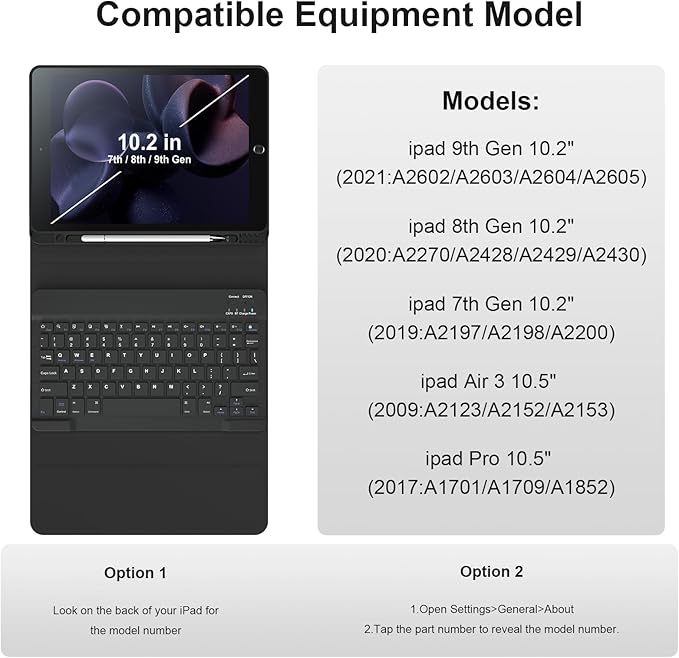 Keyboard Cases for iPad 9th Generation 8th Gen, 7th Gen, Pro 10.5 Inch Air 3rd Gen. Removable Magnetic Cover Sheet Built-in Pencil Holder and Stylus Pen, Adjustable Angles Stain Resistant Cover, Black
