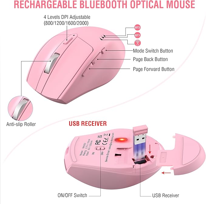 Ergonomic Wireless Keyboard Mouse Combo, EDJO Bluetooth/2.4G Dual Channel, Split Design, Soft Foam Palm Rest, 4 Level DPI Adjustable Wireless Mouse, Rechargeable, for Windows/Mac/Android(Pink)