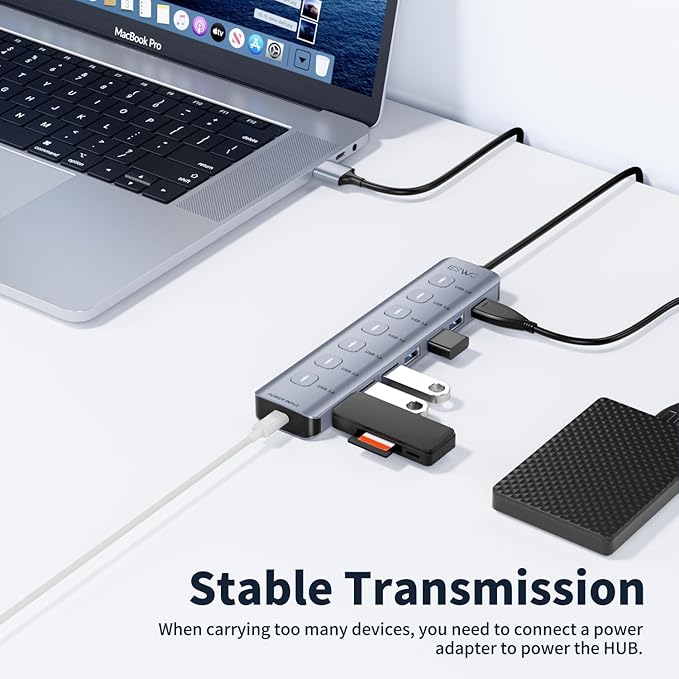 3.3Ft USB Hub 3.0, JESWO 7-Port Aluminum USB 3.0 Hub, USB Splitter with 5V 3A Type-C Port, Suitable for PC, Laptop, MacBook Pro, etc.