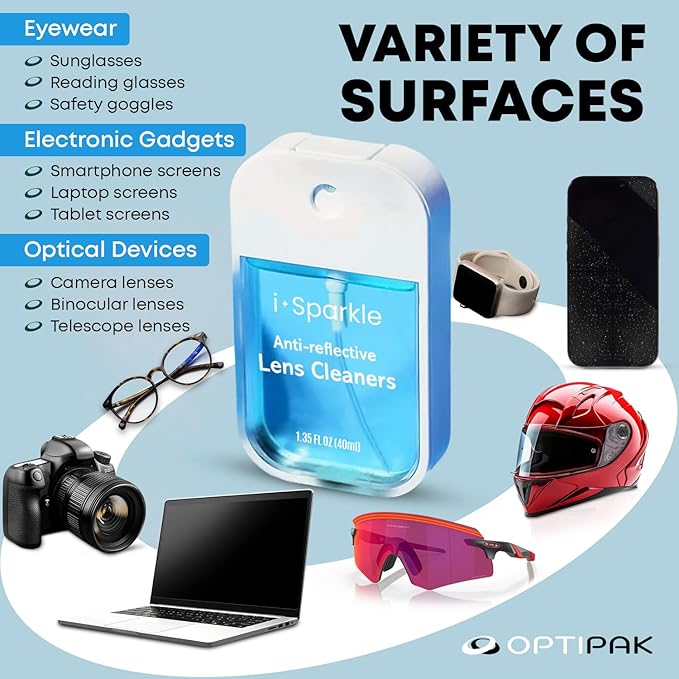 I-Sparkle Anti-Reflective Lens Cleaner Spray kit | (2x) 1.35oz Glasses Cleaner Spray + (2x) Microfiber Cloth for Eyeglasses, Sunglasses, Lenses, Screens and Camera Cleaning Kit (4 Piece Set)
