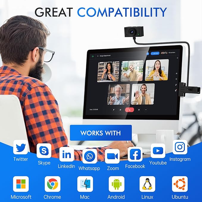 Webcam for PC, Laptop Camera USB Webcam with Adjustable Gooseneck, Flexible Positioning 1080P Computer Camera for Presentation, Desktop Demo, Full-Body View, Video Call, Zoom, Teams, Skype (Black)