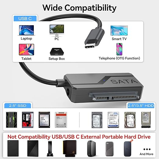 SATA to USB C Adapter with Power, USBC to SATA Cord External Hard Drive Type C Cable for 2.5" HDD/SSD & 3.5" HDD Up to 20TB Converter with 24W Adapter Support UASP Seagate WD Hitachi Toshiba