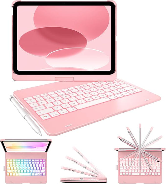 typecase Flexbook Keyboard Case for iPad 11th (A16, 2025) and iPad 10th Gen (10.9", 2022) – No Trackpad, 11-Color Backlight, 360° Rotatable, 7 Use Modes, Thin & Lightweight – Light Pink
