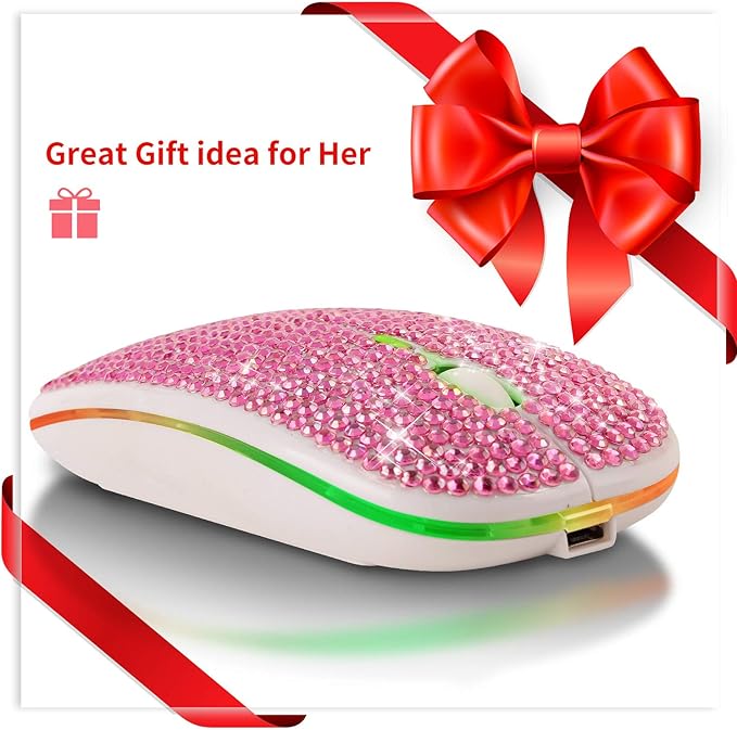 Bluetooth Mouse,Bling Dazzling 2.4GHz Rechargeable Wireless Mouse Slim Mouse with USB Receiver, Compatible with Notebook, PC, Laptop, Computer, MacBook,Great Present idea for Her (Pink)
