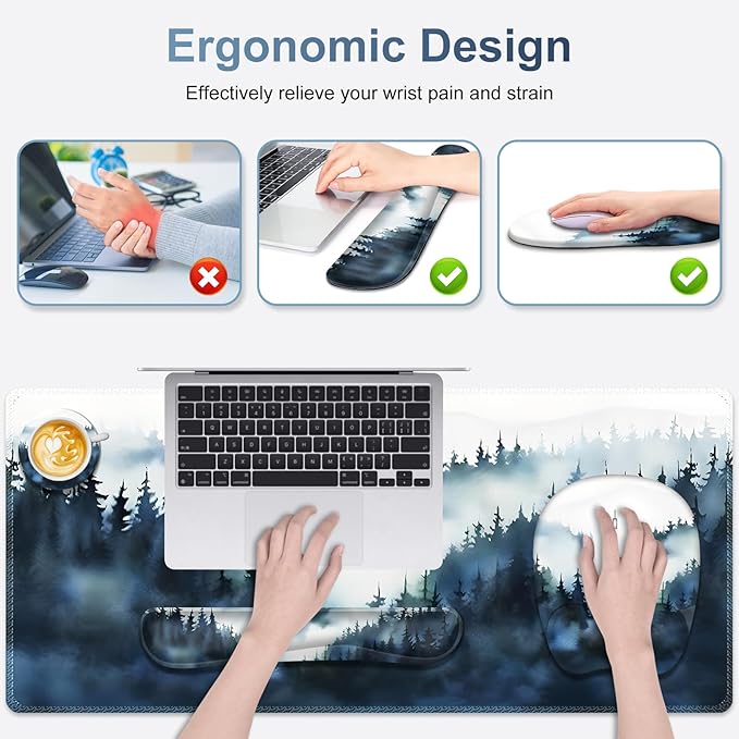 Large Mouse Pad, Keyboard Wrist Rest Set, Ergonomic Mouse Pad with Wrist Support, Desk Mat with Stitched Edges + Coaster, Extended Desk Pad Waterproof Desk Mat for Home Office Game I Misty Forest