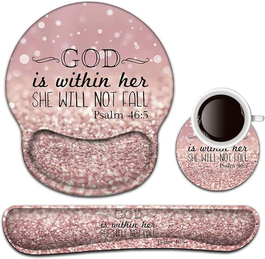 Keyboard Wrist Rest and Mouse Pad with Wrist Support, Ergonomic Mouse Pad Coaster, Easy Typing Pain Relief, Keyboard Mousepad Set,Psalm 46:5 God is Within Her,She Will Not Fall Pink Glitter