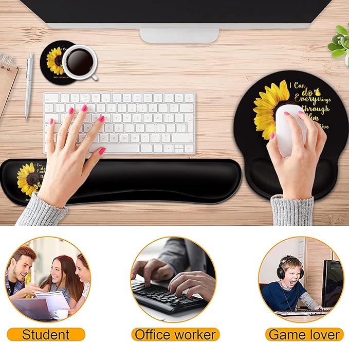 Keyboard Wrist Rest and Mouse Pad with Wrist Support, Ergonomic Gel Mouse Pad Coaster, Easy Typing Pain Relief, Memory Foam Keyboard Mousepad Set,Bible Verse Philippians 4:13 Sunflower