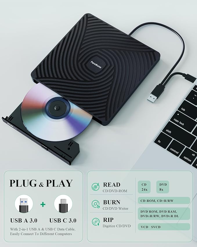 PeroBuno External CD DVD Drive, USB 3.0 Type-C Optical Drive, 0.5-inch Ultra-Slim Portable DVD CD ROM Disc Player Reader Writer Rewriter Burner Recorder for Laptop PC MacBook Windows Linux Mac OS