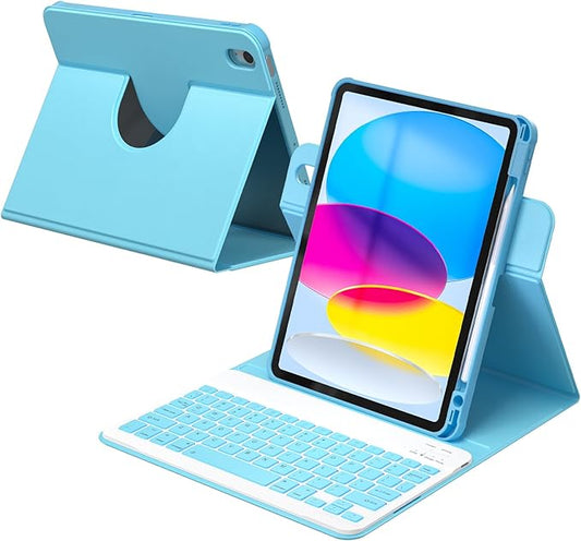 YBING Bluetooth Keyboard Case for iPad 10th Gen 10.9 inch (2022) & 11th Gen (A16, 2025), 7-Color Backlit Detachable Keypad & Rotatable Magnetic Case with Pencil Holder (Blue)