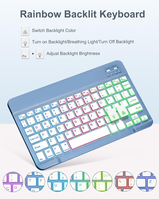 Case with Keyboard Mouse for iPad A16 11th 10th Generation 11/10.9 inch,Rainbow Backlit Detachable Keypad Rotatable Magnetic Cover with Pencil Holder for iPad 11 2025 10 Gen 2022 Blue
