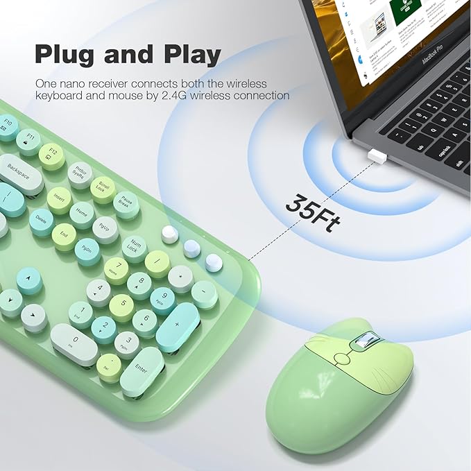KNOWSQT Wireless Keyboard and Mouse Combo Pale Green - Colorful 104 Key 2.4G Round Keycap Typewriter Keyboards, USB Dongle Plug and Play, for Laptop, Windows, PC, Mac, Desktop