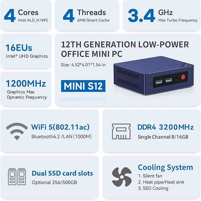 Beelink Mini PC, Mini S12 Intel 12th Gen 4-Core N95(up to 3.4GHz), Mini Computer 8GB DDR4 RAM 256GB SSD, Desktop PC Dual HDMI 4K UHD/Gigabit Ethernet/Dual WiFi5/BT4.2/HTPC/W11 Home