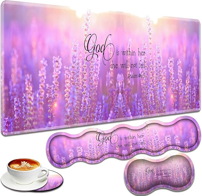 Large Gaming Mouse Pad + Keyboard Wrist Rest + Wrist Support + Coaster Set, Memory Foam Ergonomic for Easy Typing, XXL Extended Gaming Mouse Pad Table Pad - Quote Bible Verse Psalm 46:5