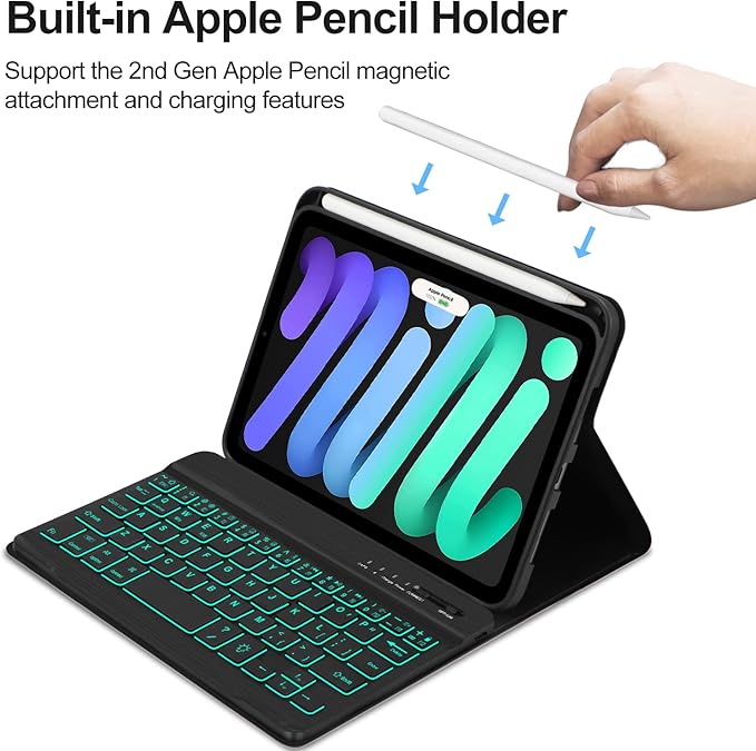 BORIYUAN iPad mini 7th Gen 2024 (A17 Pro) & iPad mini 6 Keyboard Case 2021, Detachable Wireless Keyboard, 7 Color Backlit, Slim Folio Cover with Pencil Holder for iPad mini 7th/6th Gen 8.3 inch Black