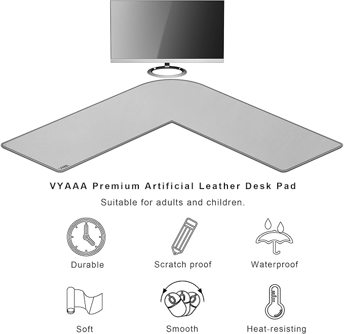 Vyaaa L Shaped Desk Mat Leather Desk Pad, PU Leather Corner Desk Mat for Computer, Gaming, Writing, Home and Office, 39.4"x 39.4"x 13" Light Gray