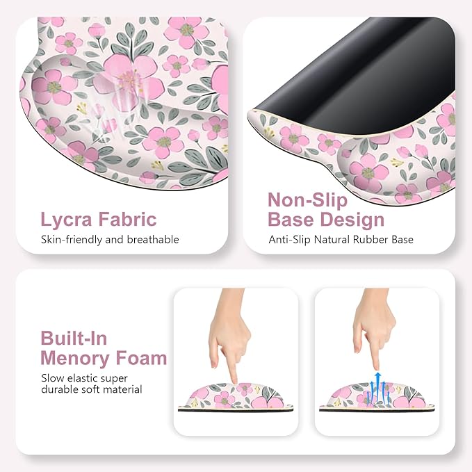 Floral Desk Mat, 4in1 Large Mouse Pad with Wrist Rest, Cute Desk Matt for Desktop, Deskpad Mat, Anti-Slip XXL Computer Ergonomic Mousepad with Wrist Support for Keyboard and Mouse I Pink Flowers