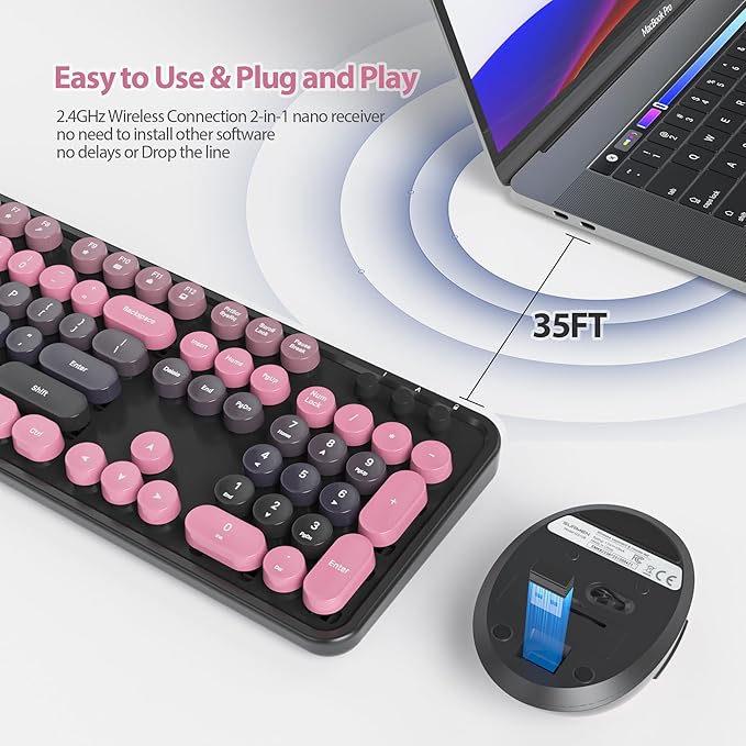 Black Pink Keyboard and Mouse Combo Wireless, 2.4G Full Size 104-Key Retro Typewriter Keyboards Round Keys for Students Teenagers Home Office PC Laptop(Berry Powder)