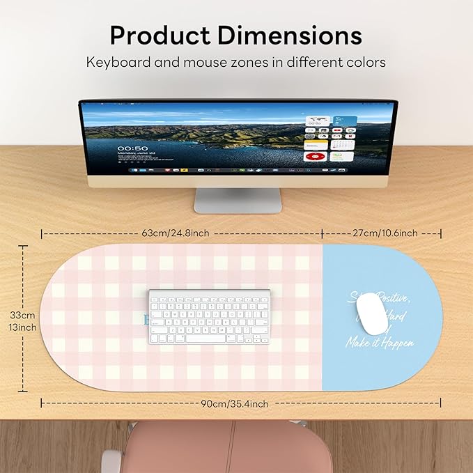 Checkered Pattern Desk Pad Protector, 35.5 x 13'' Aesthetic Mouse Mat for Desktop, Waterproof PU Leathe Non-Slip Desk Writing Pad for Office and Home, Light Pink and Blue