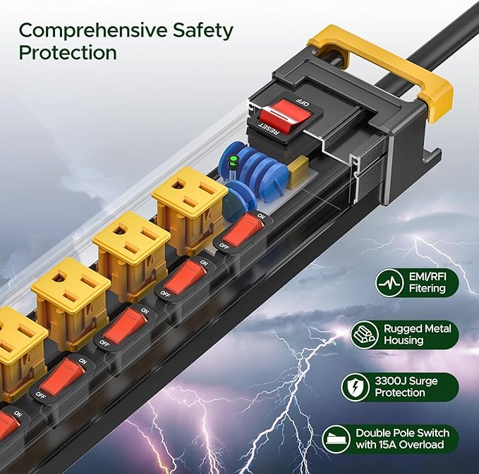 10 Outlet Heavy Duty Long Power Strip with Individual Switches,3300J Surge Protector Power Strip,6FT Cord Management, Wall Mount, Wide-Spaced, ETL Listed (15A/1875W)