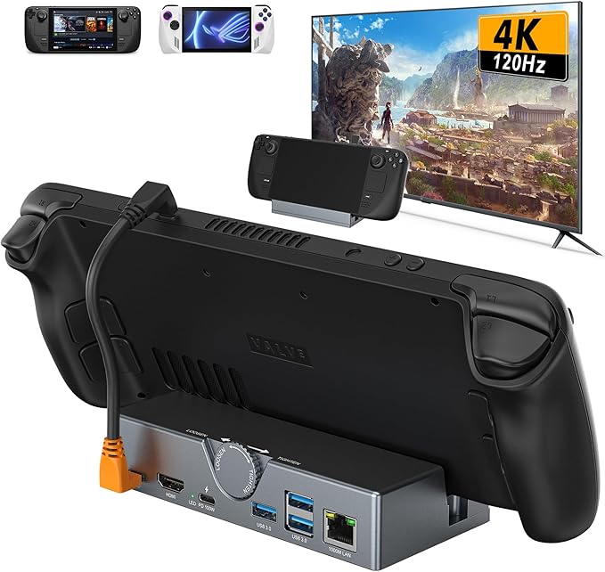 Steam Deck Dock - USB C Docking Station with Adjustable Stand, 100W PD Charging Dock with 4K@120Hz HDMI 2.1,Gigabit Ethernet,3 USB 3.0 Port, for Steam Deck OLED/ROG Ally/Legion Go S