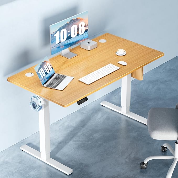 DUMOS 63 Inch Electric Standing Desk Height Adjustable, Sit to Stand Computer Workstations Large Work PC Table Home Office Writing Gaming Desks with Memory Presets for Walking Pad, Bedroom, Oak