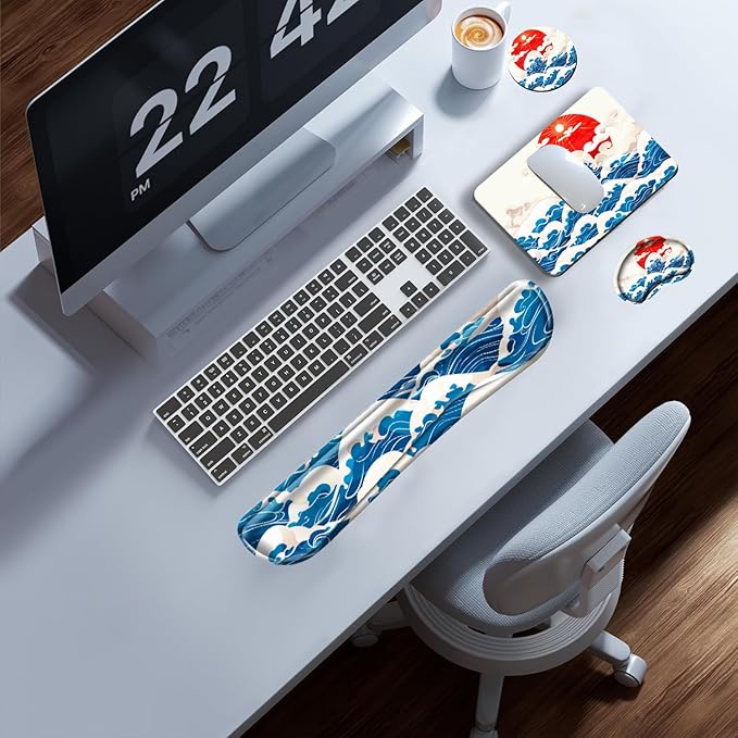 Sea Wave Mouse Pad with Wrist Support Japanese Memory Foam Keyboard Wrist Rest Ergonomic Mousepad Carpal Tunnel Typing Pain Relief Non-Slip Base Wrist Pad for Mouse Computer Women