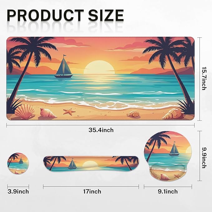 Arttown Ocean Beach Sailboat Desk Mat Tropical Mouse Pad Set 4 in 1 Ergonomic Design Large Mouse Pad + Keyboard Wrist Rest + Mouse Wrist Rest + Coaster Suitable for Home Office Study Game