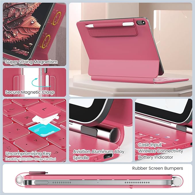 for iPad 11th(A16, 2025)/10th Generation Case with Keyboard, Magic Keyboard 2022, Springy Backlit Keys, Stain-Resistant Surface, Multi-Touch Trackpad, Hot Pink