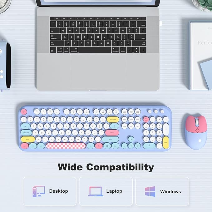 MOFII Wireless Keyboard and Mouse Combo, Cute Keyboard Full Size and Wireless Mouse, 2.4GHz Retro Typewriter Keyboard Mouse Set for PC/Desktop/Laptop/Windows (Pale Blue Colorful)