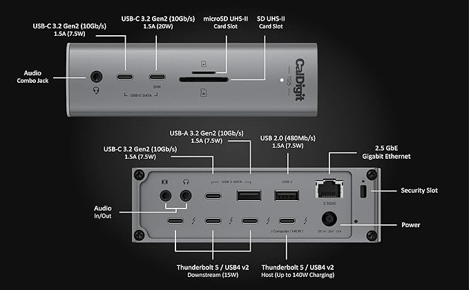 CalDigit TS5 - Thunderbolt 5 Dock - 15 Port, 140W Dedicated Host Charging, 80Gb/s Thunderbolt 5 x4, USB-C 10Gb/s x3, USB-A x2, 2.5GbE, Dual 8K@60Hz, SD & microSD UHS-II, 1m Braided Cable, 240W PSU