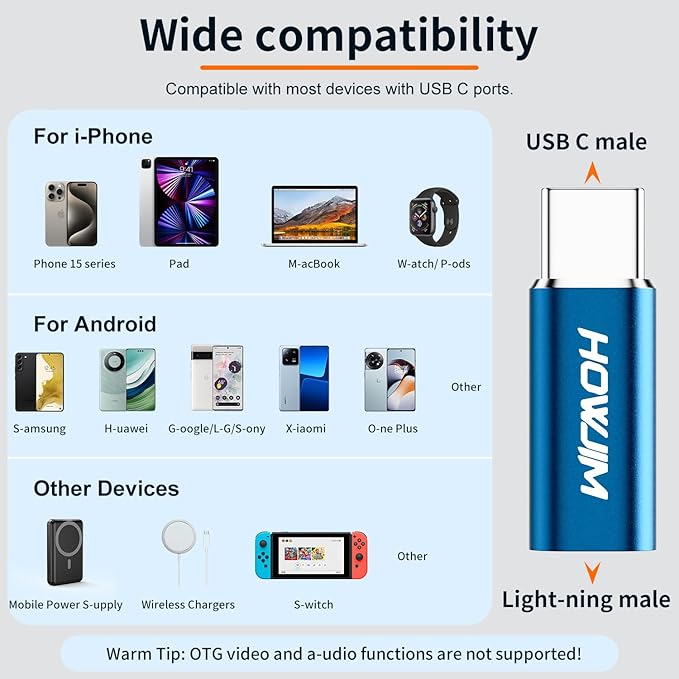 Light-ning to USB C Adapter 2Pack,PD/QC Fast Charging Data Transfer,USB C Charger Converter Cable for Phone 17/16/15 Serie,Pad Pro,G-alaxy,X-peria,Not for Headphones/OTG/Flash Drive/A-pple Pencil Blue