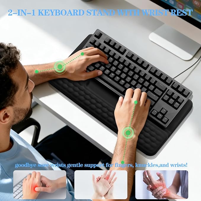 Keyboard Stand with Wrist Rest, Computer Wrist Support Pad, Ergonomic Comfy Tilted Keyboard Holder Lift Tray with Wrist Pad, Soft Memory Foam Desk Cushion for Office Home (Black)
