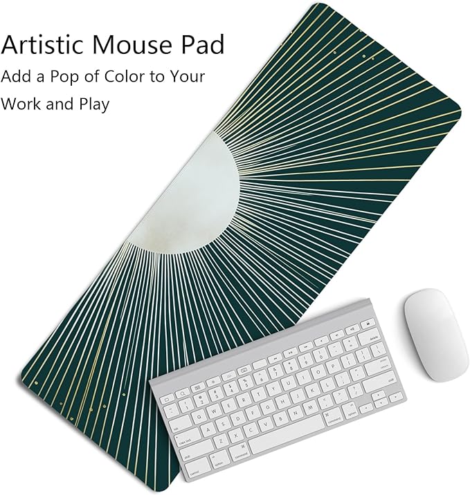 Boho Gold Sunburst Mouse Pad,XL Large Retro Minimalist Art Aesthetic Desk Mat,Dark Green Summer Sun Mousepad for Home Office Dorm Desktop Decor,31.5x11.8 Inch