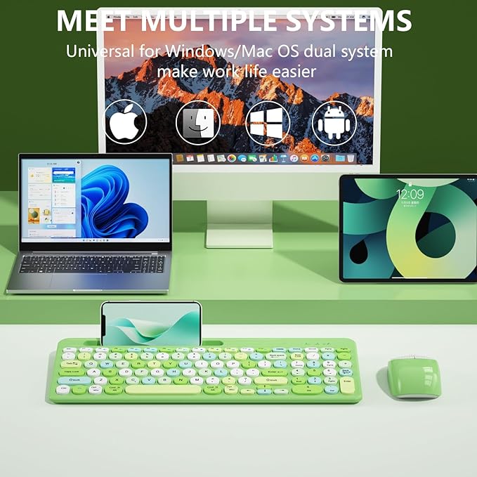 Bluetooth Keyboard and Mouse Wireless, Multi-Device Rechargeable Keyboard and Mouse Combo with Phone Holder (Bluetooth 5.0+3.0+2.4GHz) Quiet Ergonomic Compatible with Mac/Windows/iOS/Android (Green)