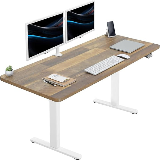 VIVO Electric 60 x 24 inch Stand Up Desk, Height Adjustable, Reclaimed Wood Top White Frame, Home and Office Furniture Sets, DESK-KIT-W06P