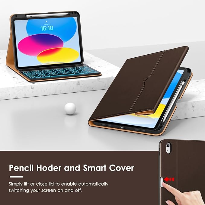 VIKESI Keyboard Case for iPad (A16,2025) 11th Generation/iPad 10th Generation Case (10.9" 2022),Premium Leather Smart Cover,Built-in Breathing Light,Function Row,Pencil Holder,Card Slots - Dark Brown