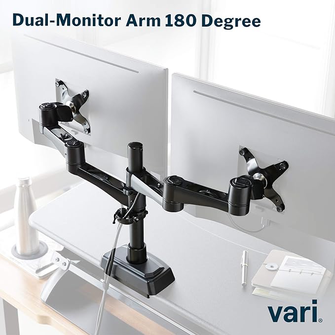 Vari Dual Monitor Arm 180 Degree - VESA Compatible Mount w/ 180 Degree Adjustment - Monitors up to 27 inches, 19.8 lbs - Double Arms for Compact Spaces - Computer Monitor Stand for Home or Office