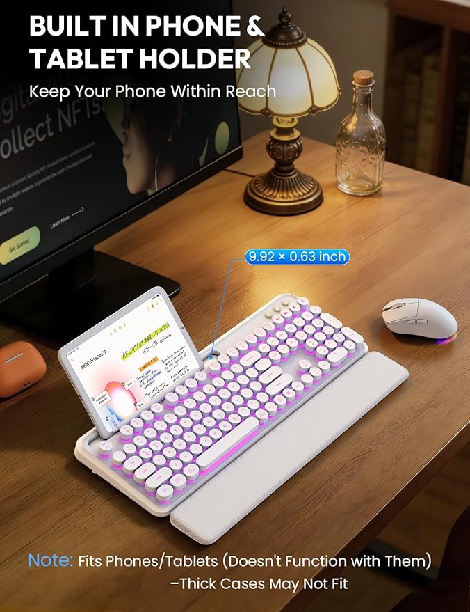 Wireless Keyboard and Mouse Combo - Backlit Typewriter Keyboard with Magnetic Wrist Rest & Phone Holder, Light Up Round Keys, 2.4GHz Cordless Set for Mac, Windows, PC, SABLUTE (Cloud Dancer White)