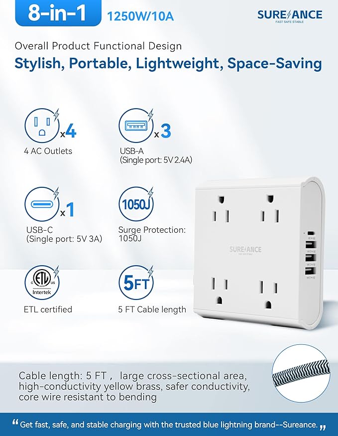 4-Outlet Power Strip with USB C-SUREANCE Surge Protector, 4 USB Ports, 1050J, 5FT Extension Cord, Flat Plug, Wall Mountable, ETL Listed - Desktop Charging Station for Home, Office, Dorm Essentials