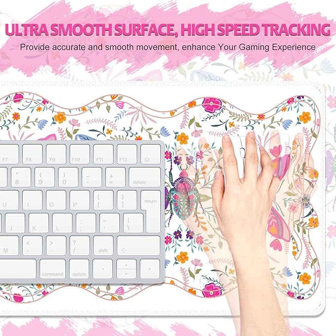 Desk Mat for Keyboard and Mouse, Large Non-Slip Mouse Pad Keyboard Pad, Computer Mats for Desktop, Cute Desk Pad with Stitched Edges for Office, Gaming I Pure White Vibrant Florals