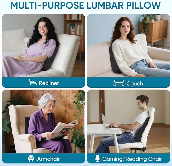 Lumbar Support Pillow for Recliner Chair and Couch, Memory Foam Back Cushion Ergonomic Large Back Support Pillow for Lower Back Pain Relief, with Soft Velvet