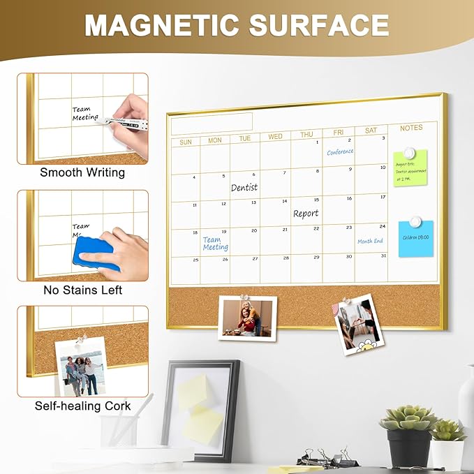 Dry Erase Calendar Whiteboard and Cork Board Combo, 24'' x 18'', Monthly White Board, Wall Hanging, Gold Aluminum Frame, for Home Office School