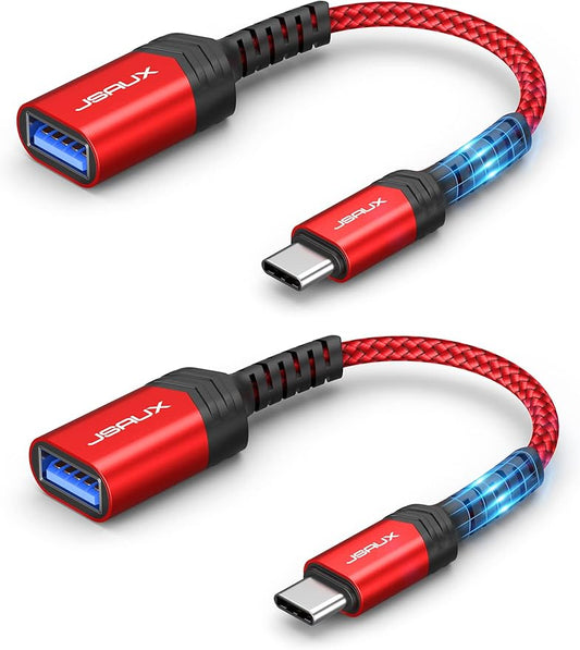 JSAUX USB C to USB Adapter [2 Pack], Type C 3.0 OTG Cable On The Go Type C Male to USB A Female Adapter Compatible with MacBook, iPhone 16 Pro Max/16 Plus/16e/15, Samsung Galaxy S25/S24/S23-Red