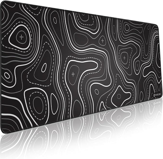 Minimalist Topographic Map Mouse Pad - Contour Extended Large Stitch Edge Mousepad. Black & White Non-Slip XXL Gaming Desk Mat