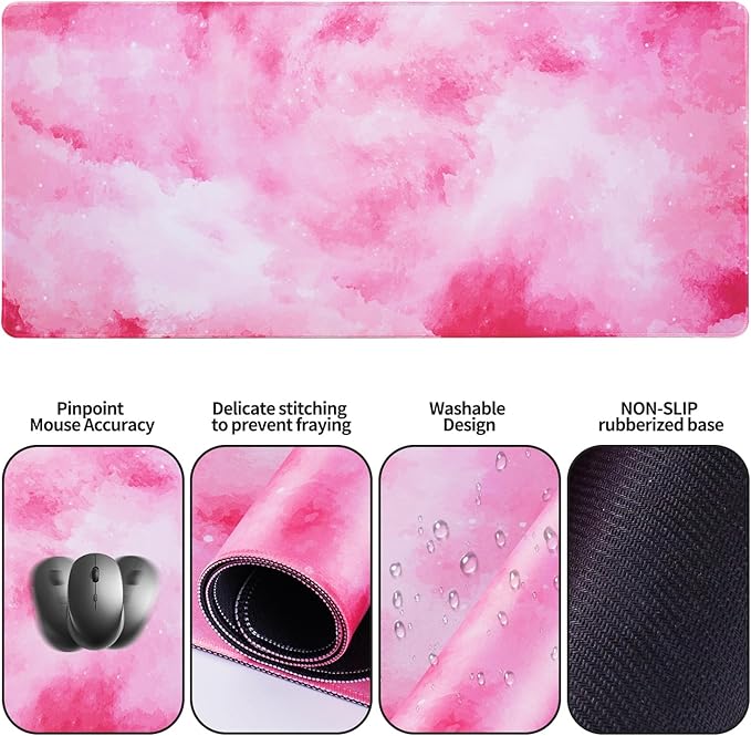 Bloss Pink Mouse Pad+Wrist Rest, 4-in-1 Larg Desk Pad Mat, Anti-Slip Keyboard Pad, Gaming Mouse Pad, Cute Desk Accessories for Keyboard and Mouse-Pink Clouds (31.5 x 15.7 Inches)