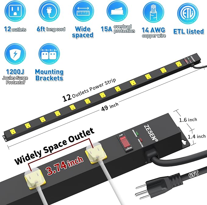 12 Outlet Long Power Strip with 6FT Power Cord, Industrial Heavy Duty for Work Bench Shop Garage, 2100 Joules Surge Protector, Wide Spaced Outlet Power Bar, ETL Certified, Black